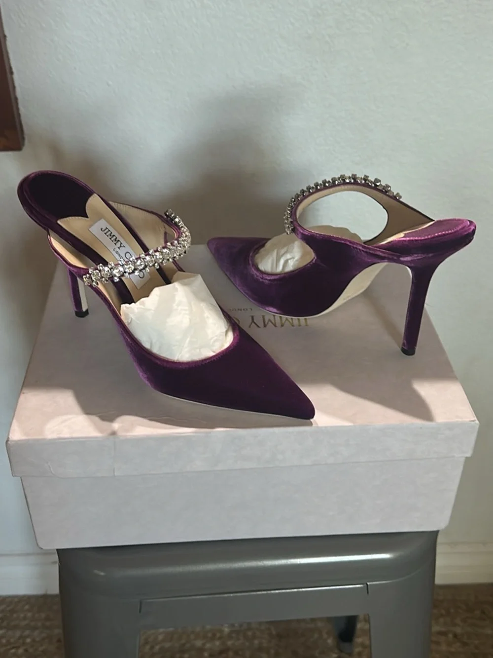 Jimmy Choo Purple Velvet Crystal-Strap Stiletto Mules